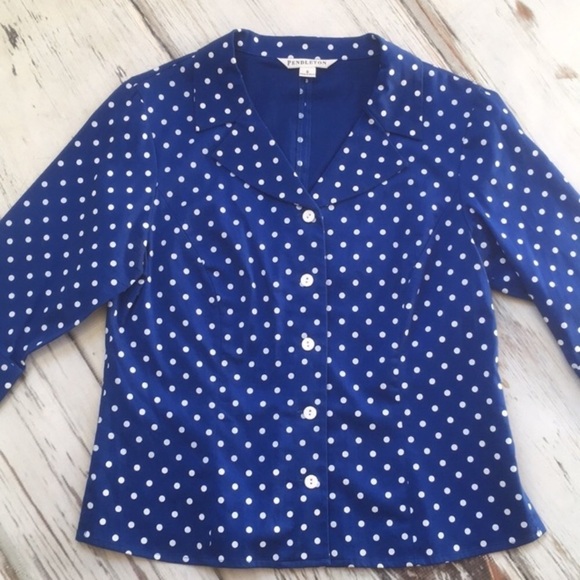 Pendleton Blouse Top Polka Dots Blue White Small - Picture 2 of 8